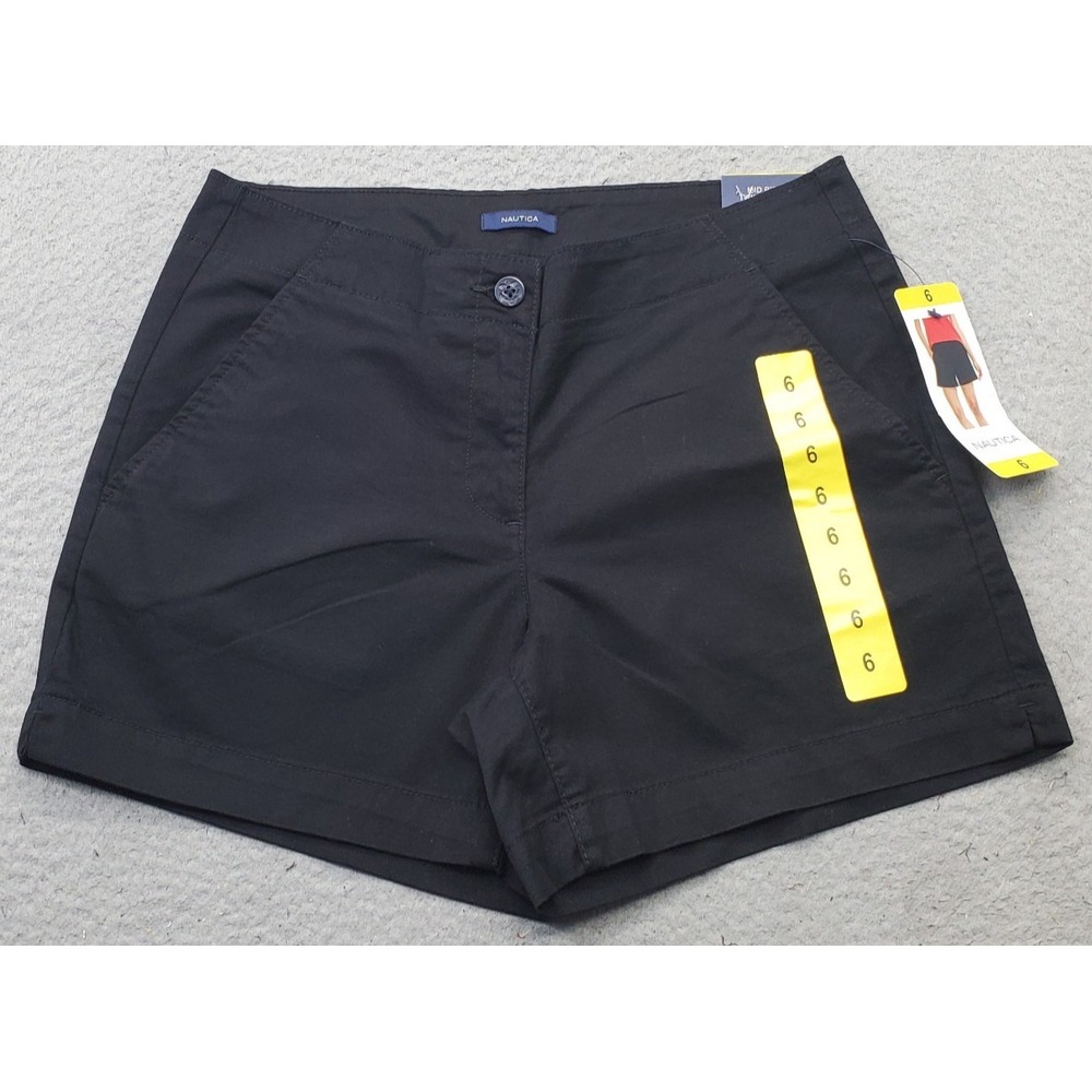 Nautica Twill Shorts Womens 6 Black Mid-Rise Flat Front Slash Pocket Outdoor